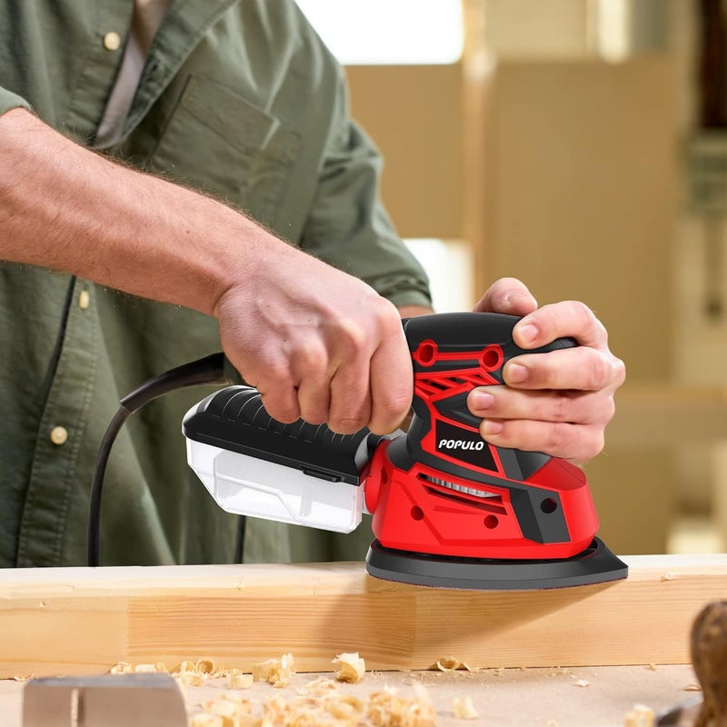 populo Electric Sander Tool,Hand Sander 14,000 OPM with 12 Pieces Sandpapers with Vacuum Attachment, Detail Sander with Dust Box for Woodworking,Suitable for Tight Spaces Sanding,Polishing - Image 3